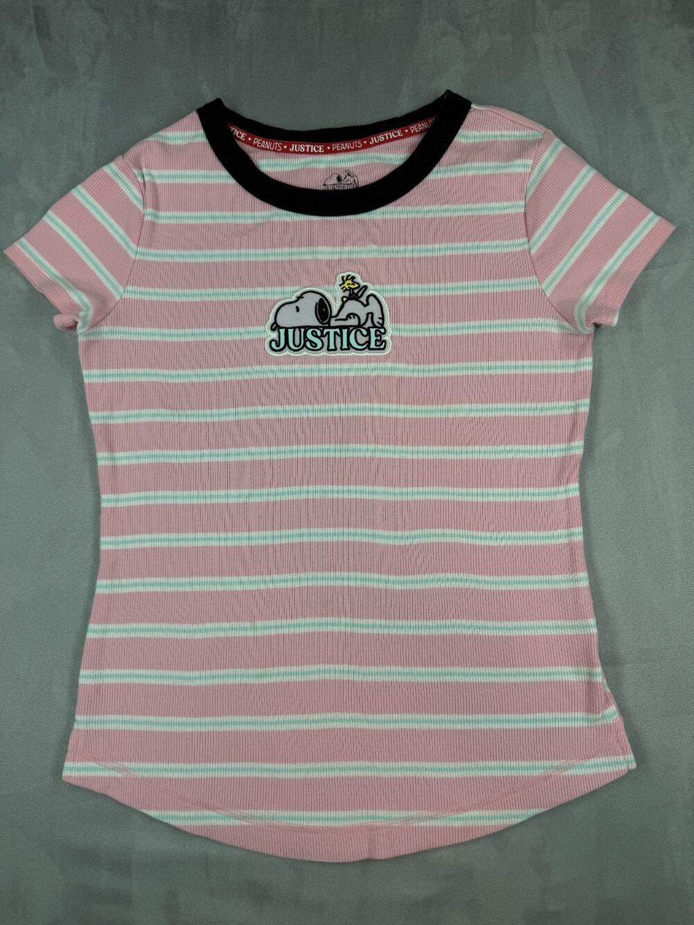 Justice Girl Snoopy XL Short Sleeve Ribbed T-Shirt Pink Sky Blue Stripe